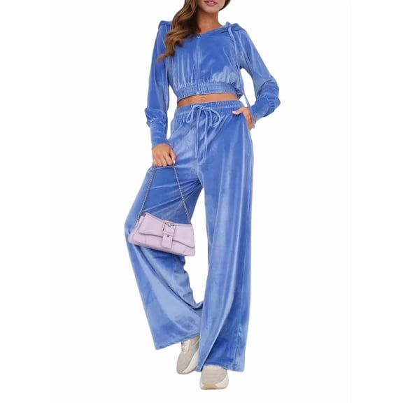 Women'S Solid Color Zip Up Hoodie and Drawstring Pants Two Piece Set Fashionable Blue S