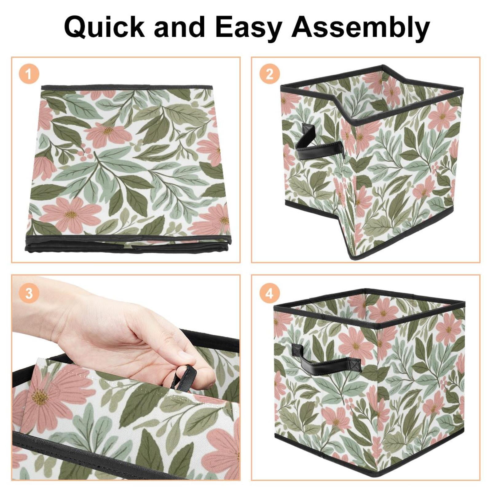 RATGDN Collapsible Fabric Cube Storage Bin with Double Handles for Living Room Bedroom Office Black - Plush Leaves Fresh Flowers