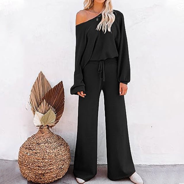 Puntoco moda mujer cómoda Casual armar manga larga cuello redondo blusas con hombros sesgados + conjuntos de pantalones de encaje de Color sólido Puntoco Puntoco-7003