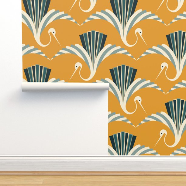 Peel & Stick Wallpaper 3ft x 2ft - Art Deco Crane Mustard Yellow Aqua ...