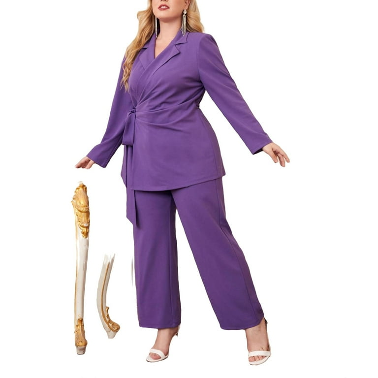 Elegant Lapel Long Sleeve Violet Purple Plus Size Suit Sets Women s