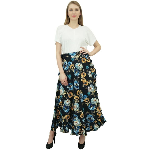 Phagun Cotton Ruffled Self Belt Floral Printed Magic Women's Wrap Skirt-Black