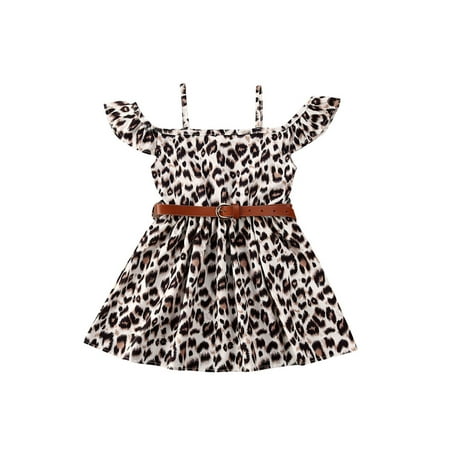 

Pudcoco Baby Girl Kids Leopard Print Ruffled Off Shoulder Party Dress Sundress With Belt