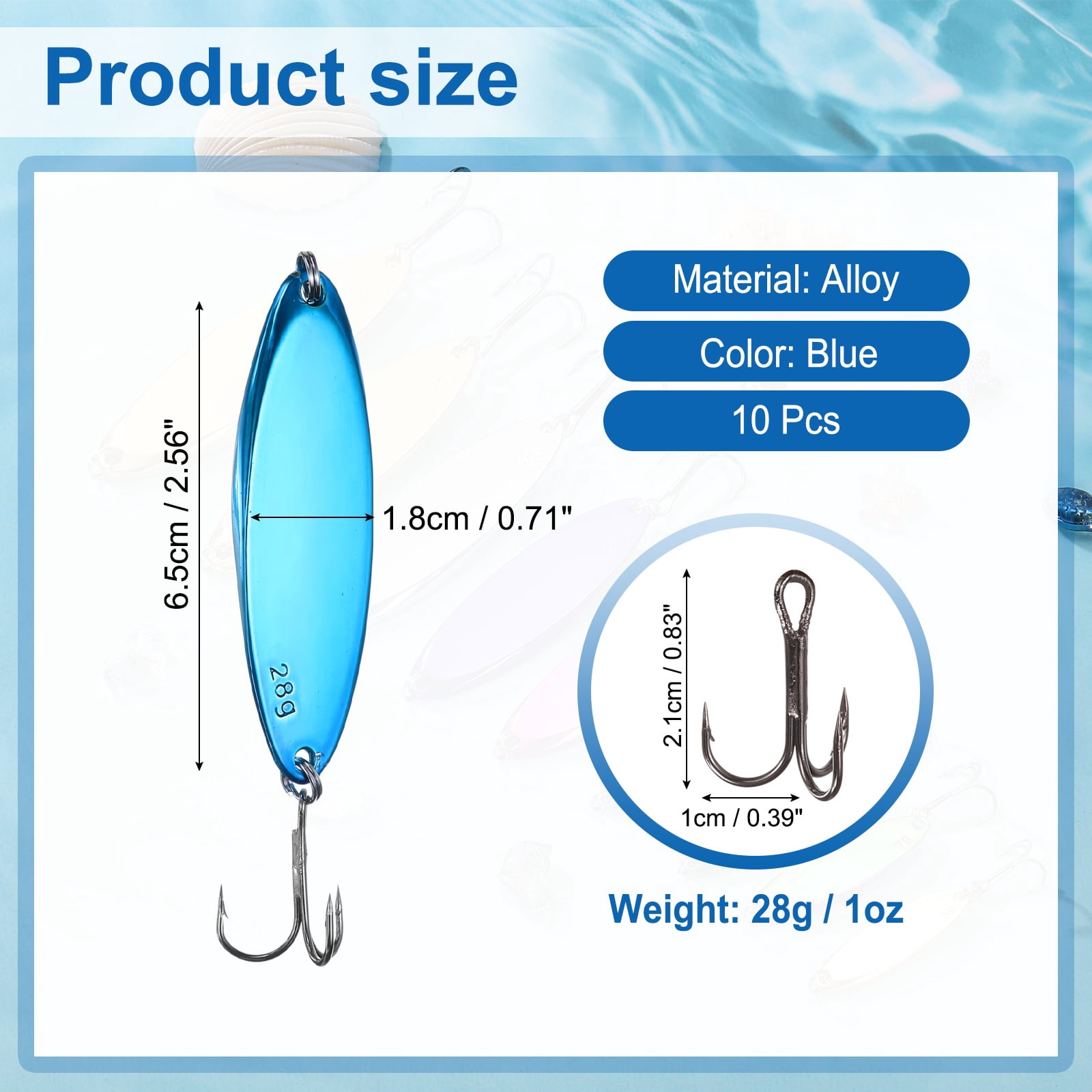 Uxcell Fishing Spoons Lures, Metal Saltwater Treble Trout Lures Jigging Spoon with Treble Hooks Casting Spinner Baits 10 Pcs & 1 oz & Blue - Fitting for (Freshwater/Salmon/Bass/Trout)