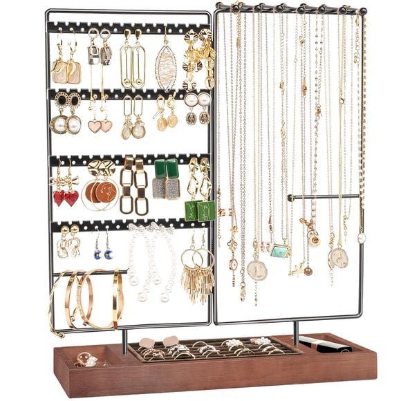 ProCase Earring Holder Necklace Organizer Jewelry Stand, 144 Holes Jewellery Organizers Earring Display Storage Rack with Removable Wooden Ring Tray