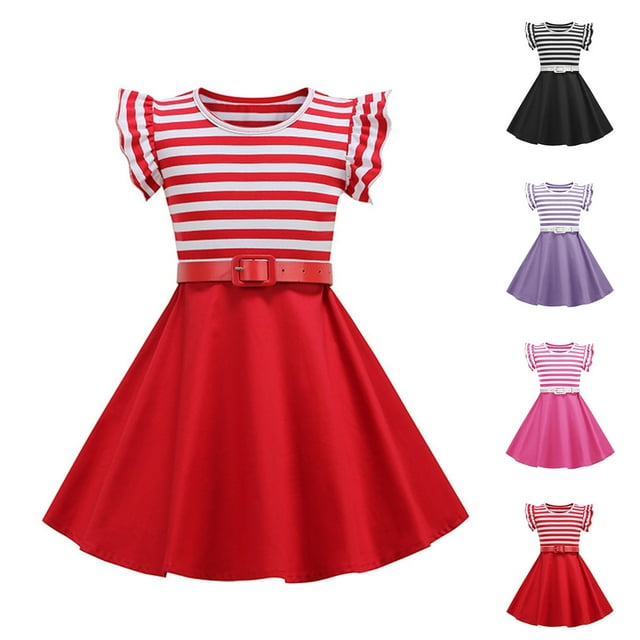 Tranfacy Robes d'Été pour Filles, Robes pour Petites Filles, 3-8 Ans Robe d'Été à Rayures Couleur Unie à Volants Manches Courtes Col Rond