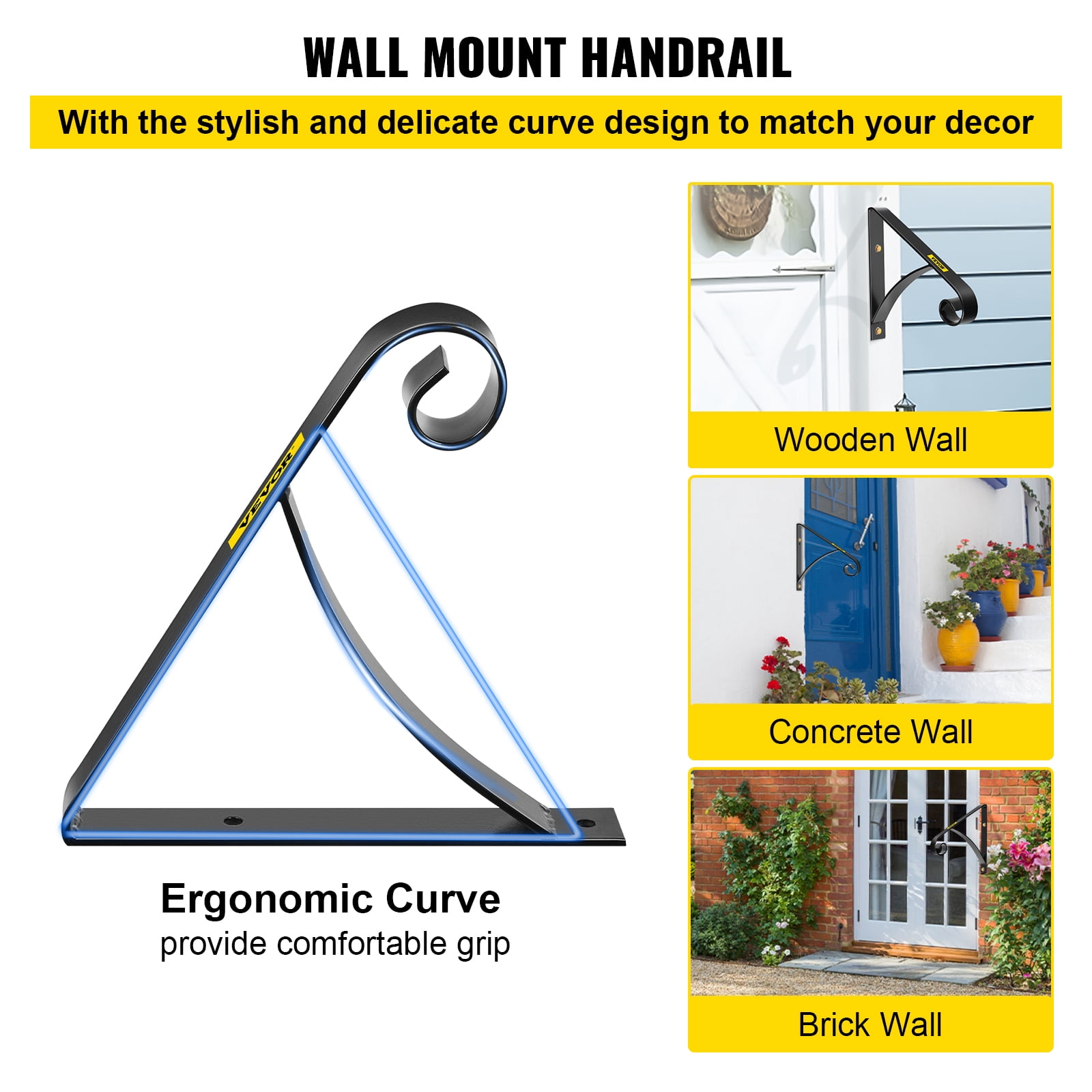 VEVOR 1 or 2 Steps Handrail Single Step Railings, Wall Mounted Metal Wrought Iron Hand Rail Railing, Handrail for Garage, Patio or Front Door Porch Steps