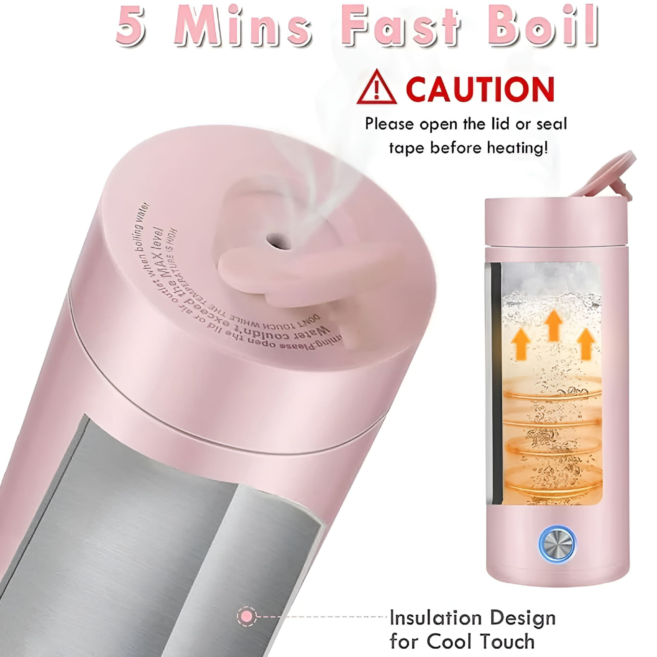 HIBIBUD 2026 New Portable Electric Kettle,400Ml Travel Tea Kettle with Non-Stick Coating,Double Wall Water Boiler Bottle,Insulated Coffee Thermos Mug,Fast Boil&Auto Shut Off Hot Water Heater (Pink)