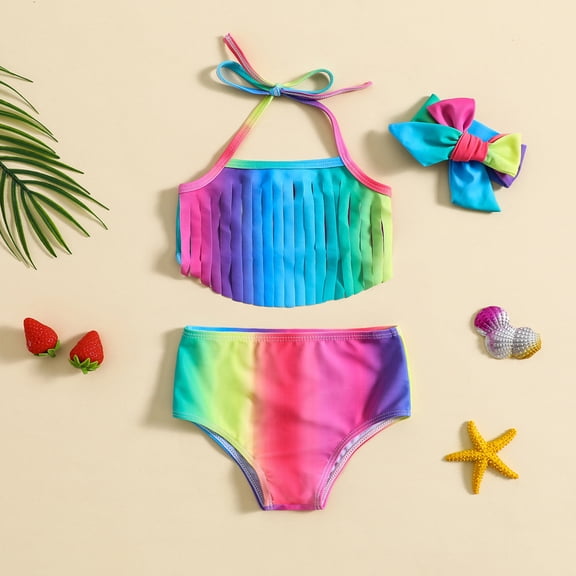 Baby Swimsuit Toddler Girl's Rainbow Print Halter Two Piece Bikini Set with Headband Girls Bathing Suit Red 18-24 Months