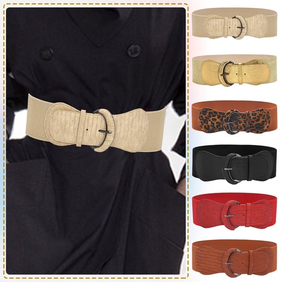 IQOGKRN Women's Wide Elastic Waist Belt with Crocodile Texture & Metal Buckle Stretchy Cinch Sash for Dresses Black One Size
