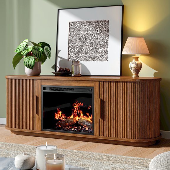 LSKTGA 67" TV Stand with Electric Fireplace, Curved Entertainment Center with Sliding Doors, Fluted TV Stand, Media Console Table for TV up to 70" For Living Room