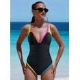 thumbnail image 3 of Women'S Tummy Control Swimsuits Neon Color Block Swimwear Deep V Neck Slimming Bathing Suit Black XXL, 3 of 6