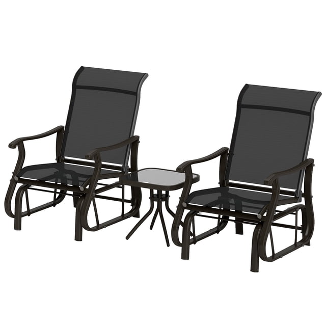 3PCs Black Gliding Rocking Chair Set with Bistro Table for Patio, Garden & Balcony - Outdoor Seating with Mesh Fabric & Steel Frame - 38.2" H