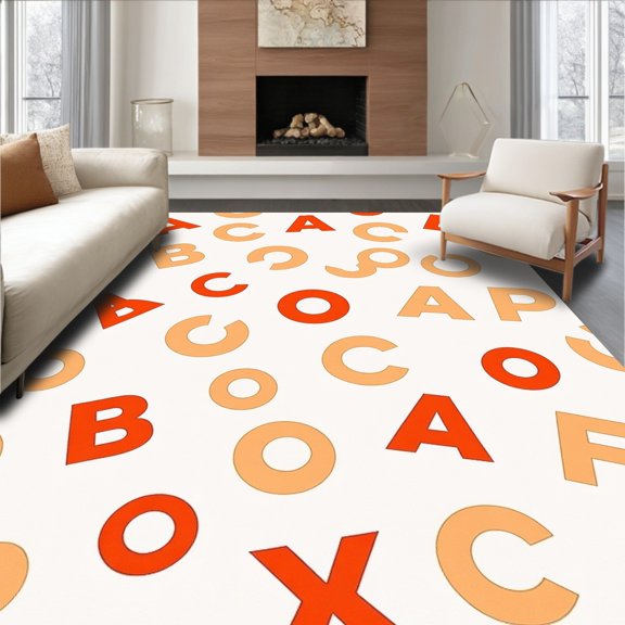 ODIKA 4'x6' Machine Washable Non-Slip Area Rug, Plush Alphabet Knowledge Concentric Ring Academic Preschool Foundation High Traffic Rug, Orange, 695897