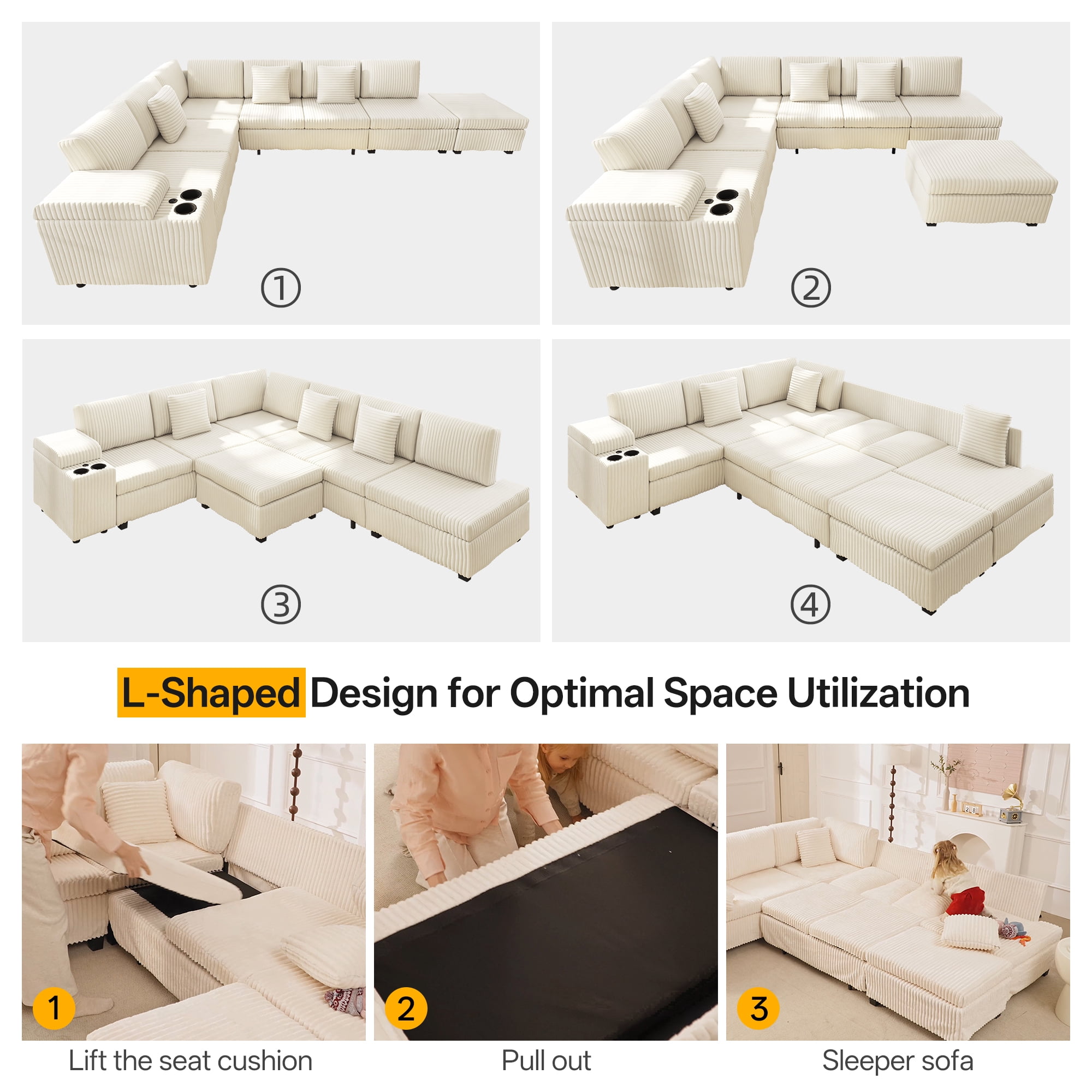 ShiKeyi 110" L Shaped Sectional Sofa Set, Convertible Sleeper Sofa with Pull Out Bed, Corduroy Fabric Sleeper Sofa with Ottoman, Hidden Armrest Storage, Cup Holders & USB Charging Ports, Beige