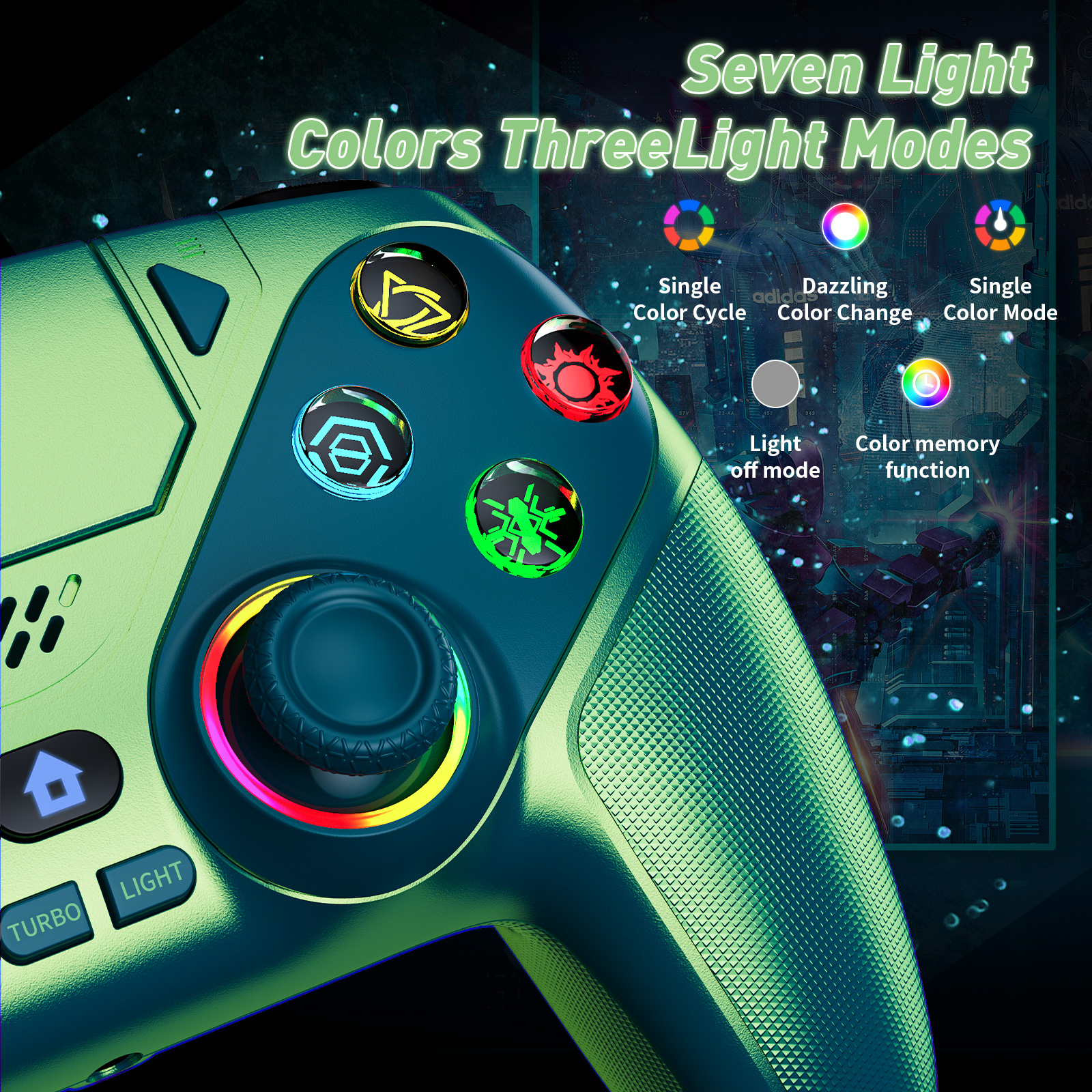 Control inalámbrico LED para P5, compatible con P5 Pro/Slim/PC, doble vibración, función macro/turbo, conector de audio de 3.5mm, control de movimiento de 6 ejes con altavoz y RGB (verde azulado) 5