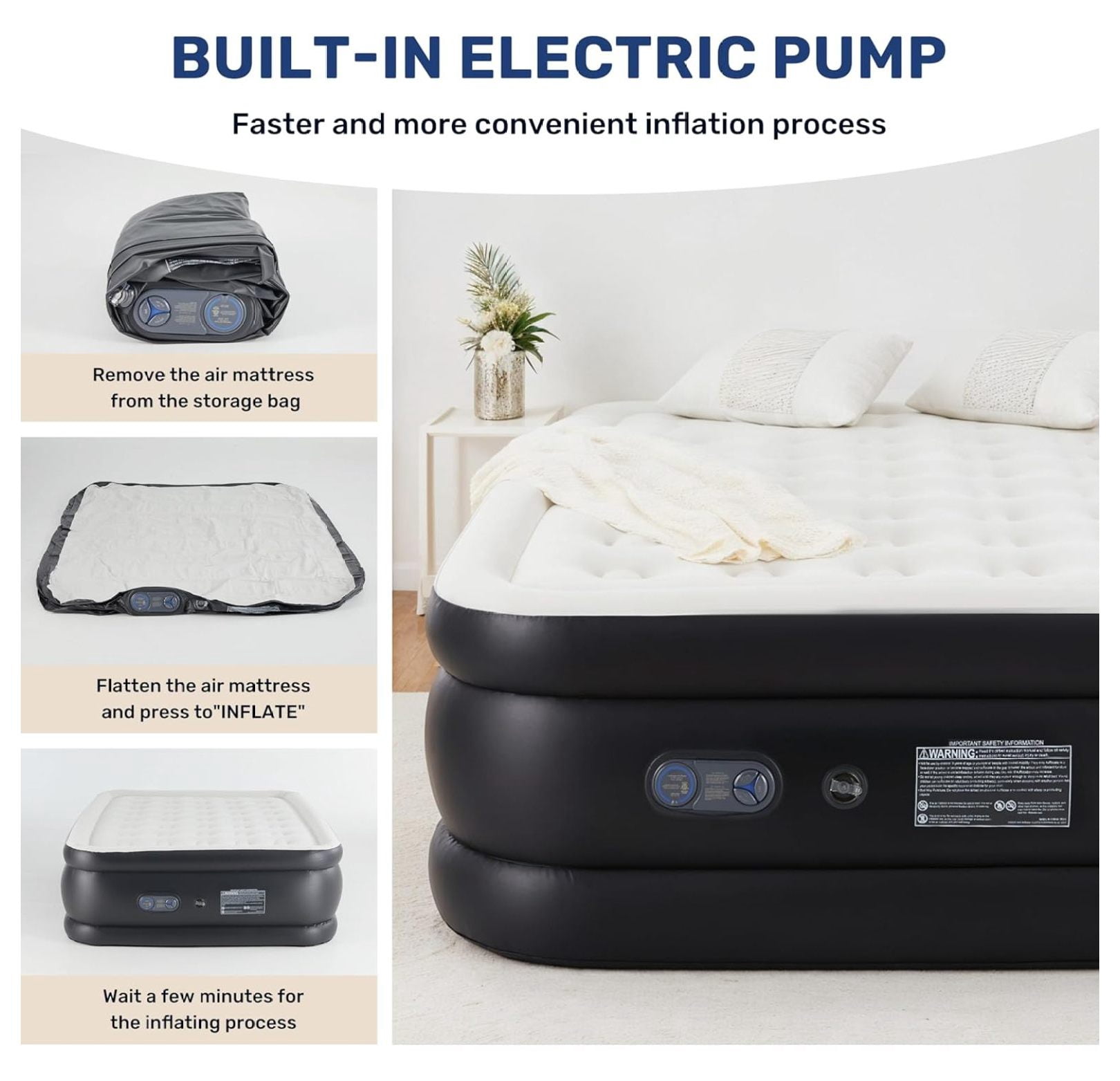 Twin Camping Air Mattress with Built-in Electric High-Speed Pump, 16" Bed Height, Blow Up Inflatable Airbed with Carrying Bag, Best for Home Guests & Travel, Waterproof Foldable Portable