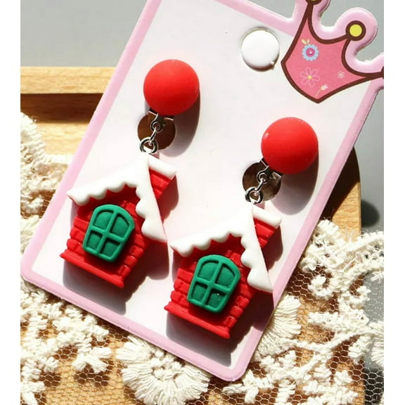 Clip on 2" silver, red, white and green clay dangle Christmas house earrings