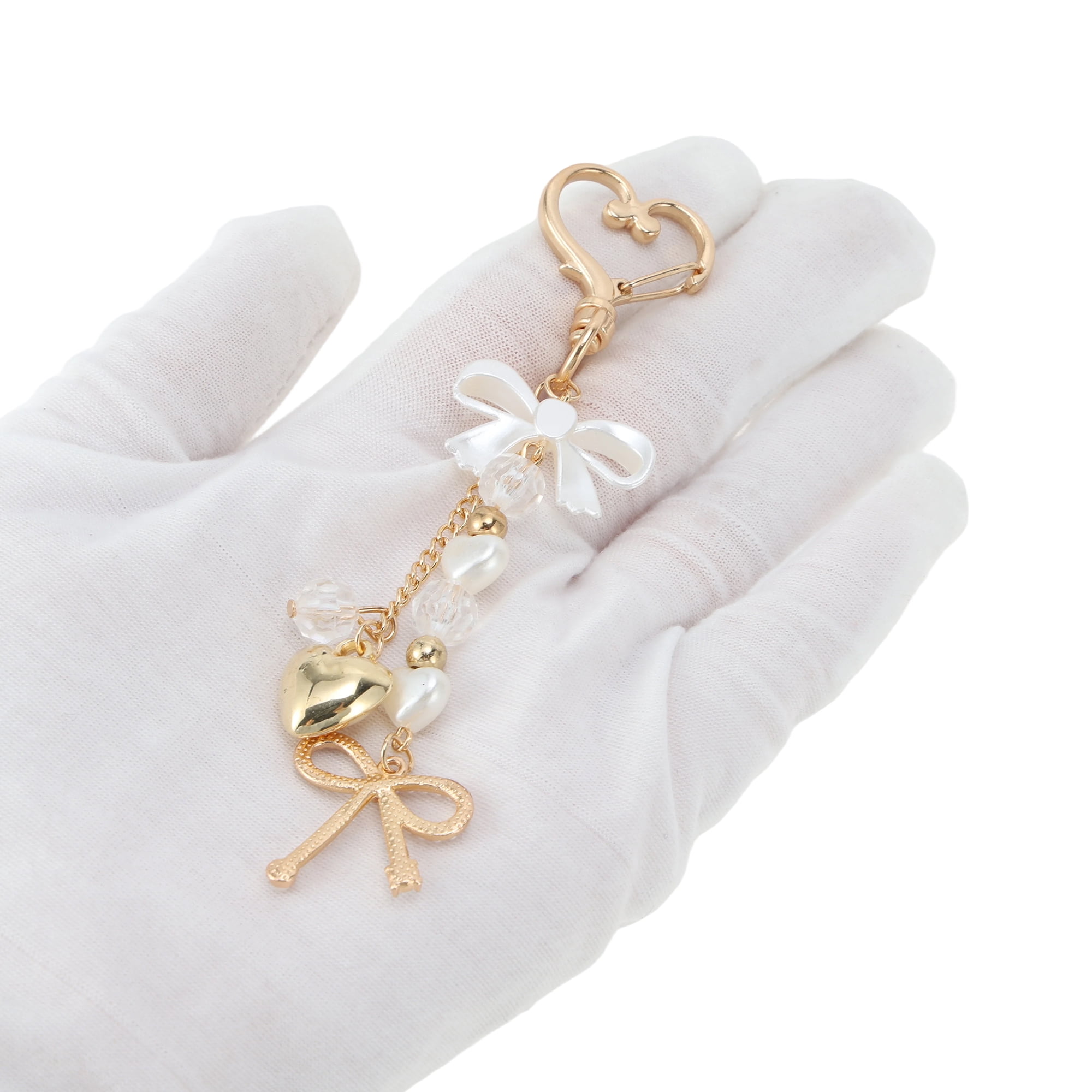 Unique Bargains Heart Bow Handbag Charm Keychain 1 Pc for Bags Gold Tone, Beige