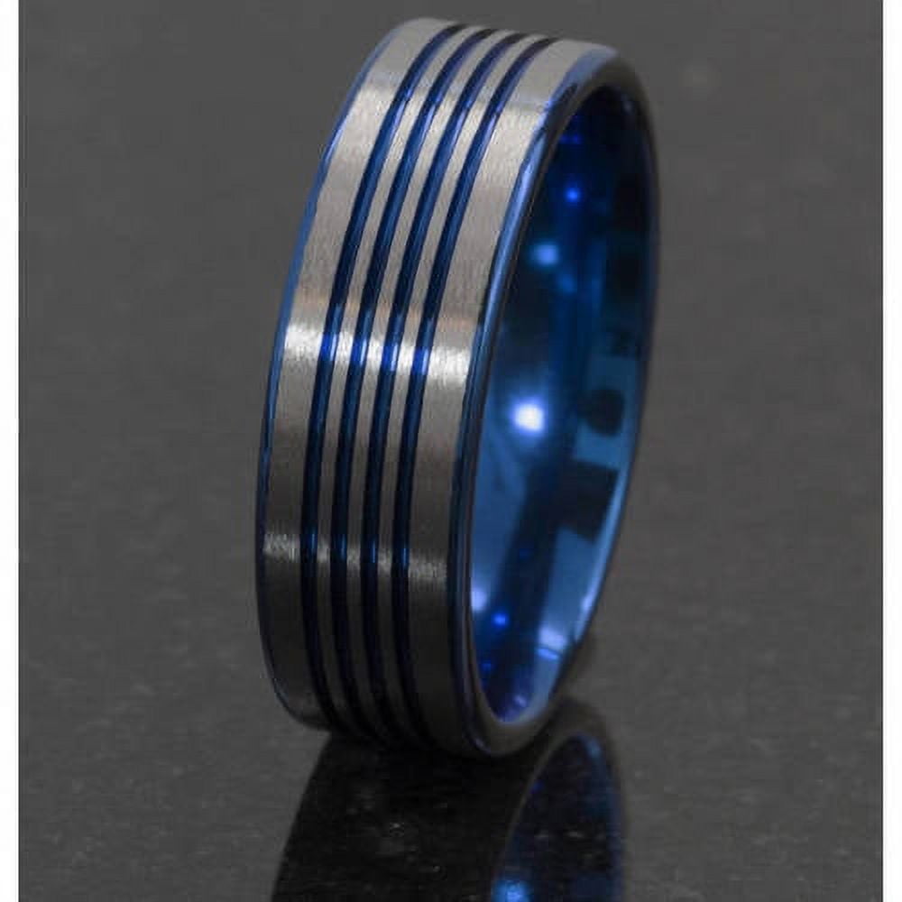 7mm Flat Titanium Ring with 4 Grooves Anodized in Blue