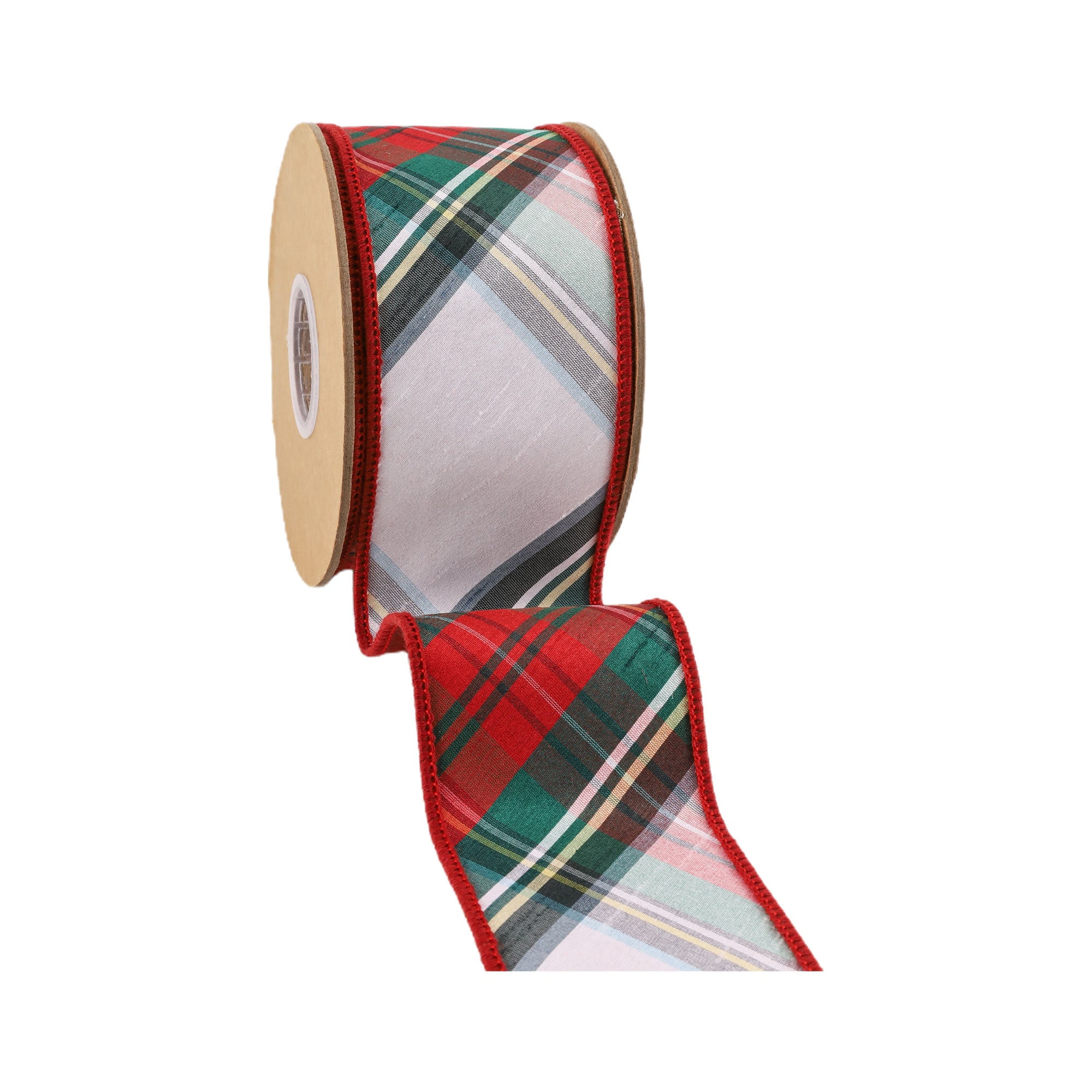 LaRibbons 2 1/2" Wired Dupioni Ribbon, Burgundy/Green/White Plaid Bias Cut, 5 Yard Roll