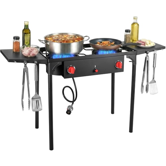 SIXDAY 2-Burner Propane Gas Outdoor Stove with Side Shelves, Auto Ignition, Removable Legs & Regulator, 150,000 BTU