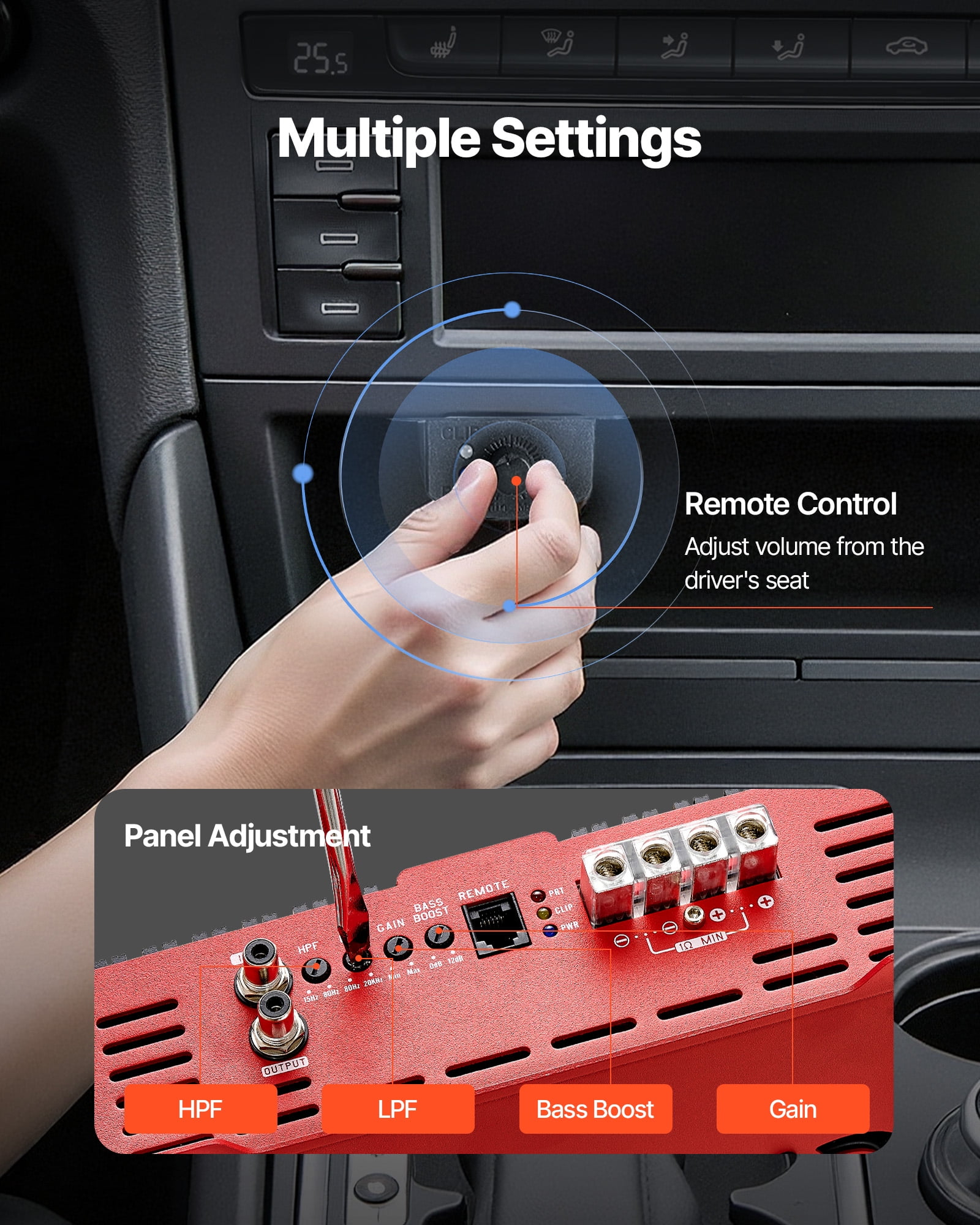 VEVOR Monoblock Car Amplifier, 3000W RMS MAX, 1/2/4 Ohm Stable, 1-Channel Class D Car Audio Amplifier with Remote Subwoofer Level Control, Low Pass Filter and Bass Boost, Volume Controller Included