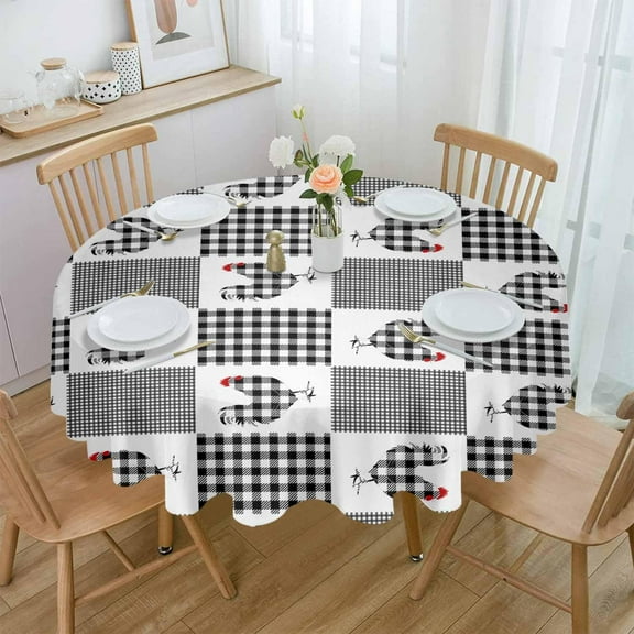 Farm Rooster Round Tablecloth 60 Inch - Waterproof Fabric Table Cloth Protector, Black and White Plaid Tablecloths Washable Table Cover for Kitchen Banquet Coffee Table Outdoor Party