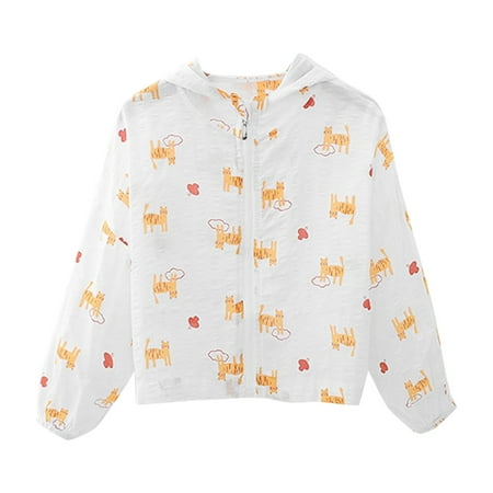 

Girls Jacket 7T White Sunscreen Printing Cartoon Hooded Outerwear Zipper Coats 8-10 Years