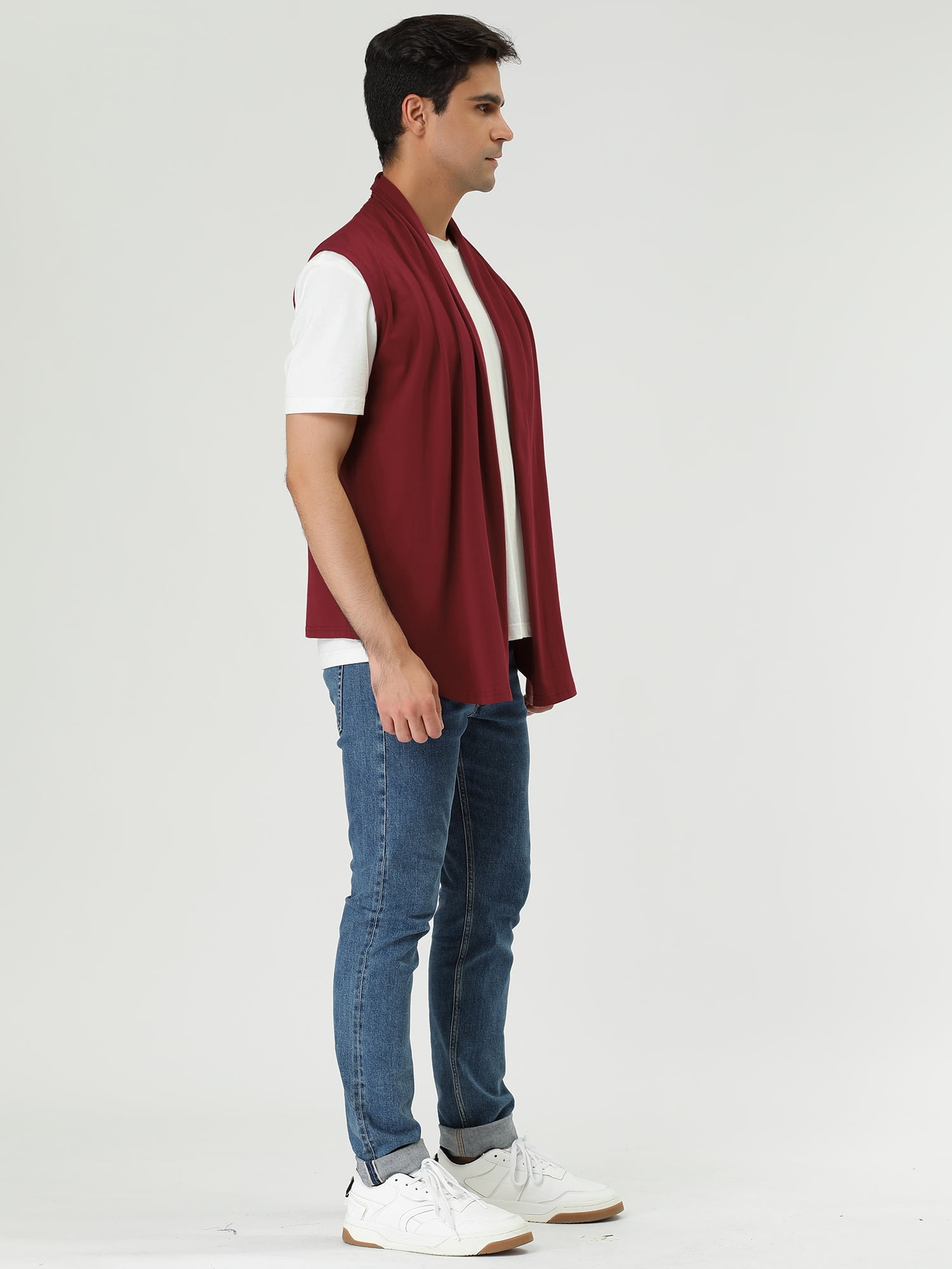 DARING DIVA Men's Sleeveless Open Front Asymmetric Hem Cardigan Vest 46 Burgundy