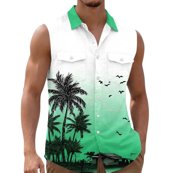Erwazi Men's Hawaii Printed Lapel Button Down Vest Sleeveless Collared Beach Casual Summer Top with Chest Pocket