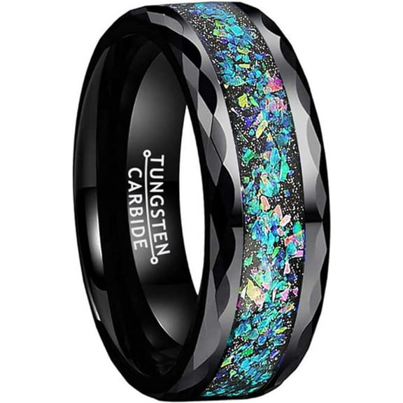 Tungsten Carbide Rings for Men Wedding Bands for Him 8mm Black Opal Stripe Celestial Galaxy Multi-Faceted Edge