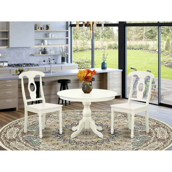 East West Furniture HBKE3-LWH-W 3 Piece Kitchen Dining Table Set - Linen White Kitchen Table and 2 Linen White Wood Chairs with Napoleon Back- Linen White Finish
