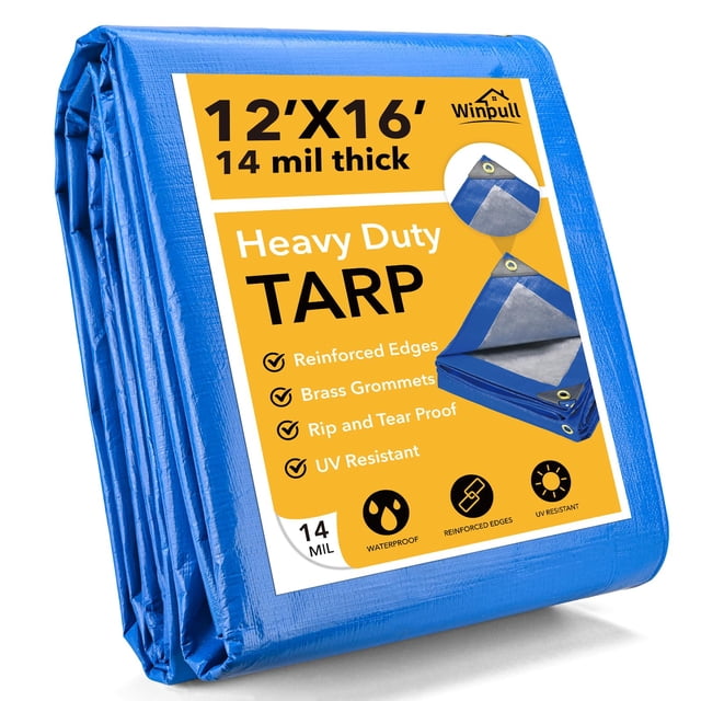 Winpull Lona 12X16 pies Lona impermeable resistente de 14 mil Cubierta multiusos grande con ojales de latón y bordes reforzados Lonas de polietileno gruesas resistentes a los rayos UV para tienda de c