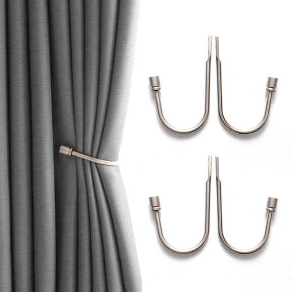 VEGCOO 4-Pack Metal Curtain Holdbacks, Nordic U-Shaped Wall Hooks with Screws & Anchors, Rustproof Aluminum Alloy, Modern Decorative Tiebacks for Living Room Bedroom (Silver)