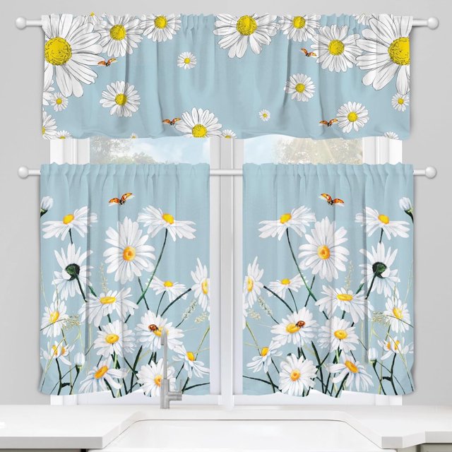 3 Pack Daisy Kitchen Curtains 54x36 inch - Curtains for Bedroom as Kitchen Decor and Spring Decorations for The Home, Daisy Kitchen Curtains and Valances Set