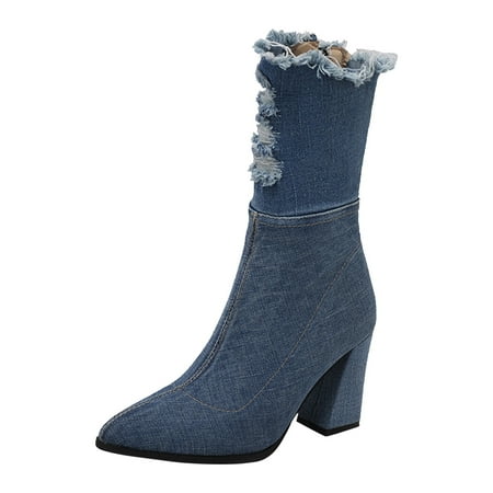 OJSFQUFP Winter Womens Boots Women s Fashion Autumn Women s Boots Denim Hollow Side Zipper Short Boots Comfortable Fall Shoes Slip On Boots 38