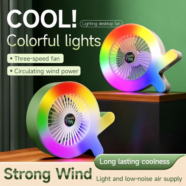 Portable Colorful LED Desk Fan | 3-Speed Wind | Quiet Motor | Ambient Lighting | USB Rechargeable | Personal Cooling Fan for Bedroom, Office & Travel