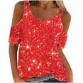 thumbnail image 2 of Pincandy Women's Fashion Casual Print Summer Cold Shoulder Tops Short Sleeve T Shirts Pullover Sexy Casual Dolman Blouses,Red,XL, 2 of 5