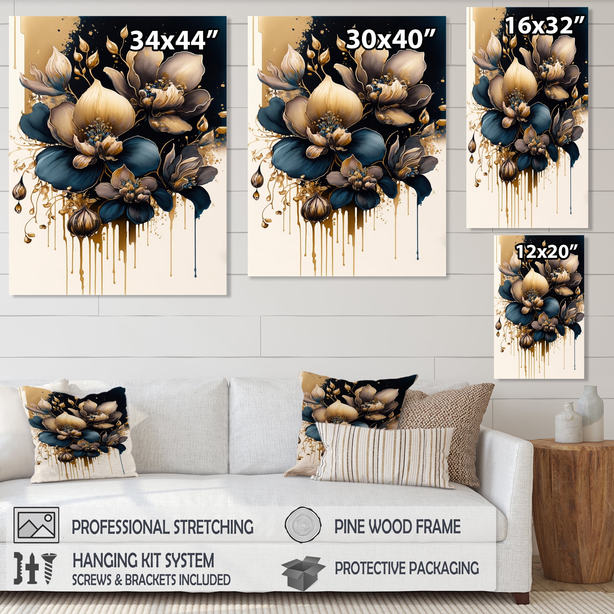 Designart Blue And Gold Orchid Flowers Canvas Wall Art