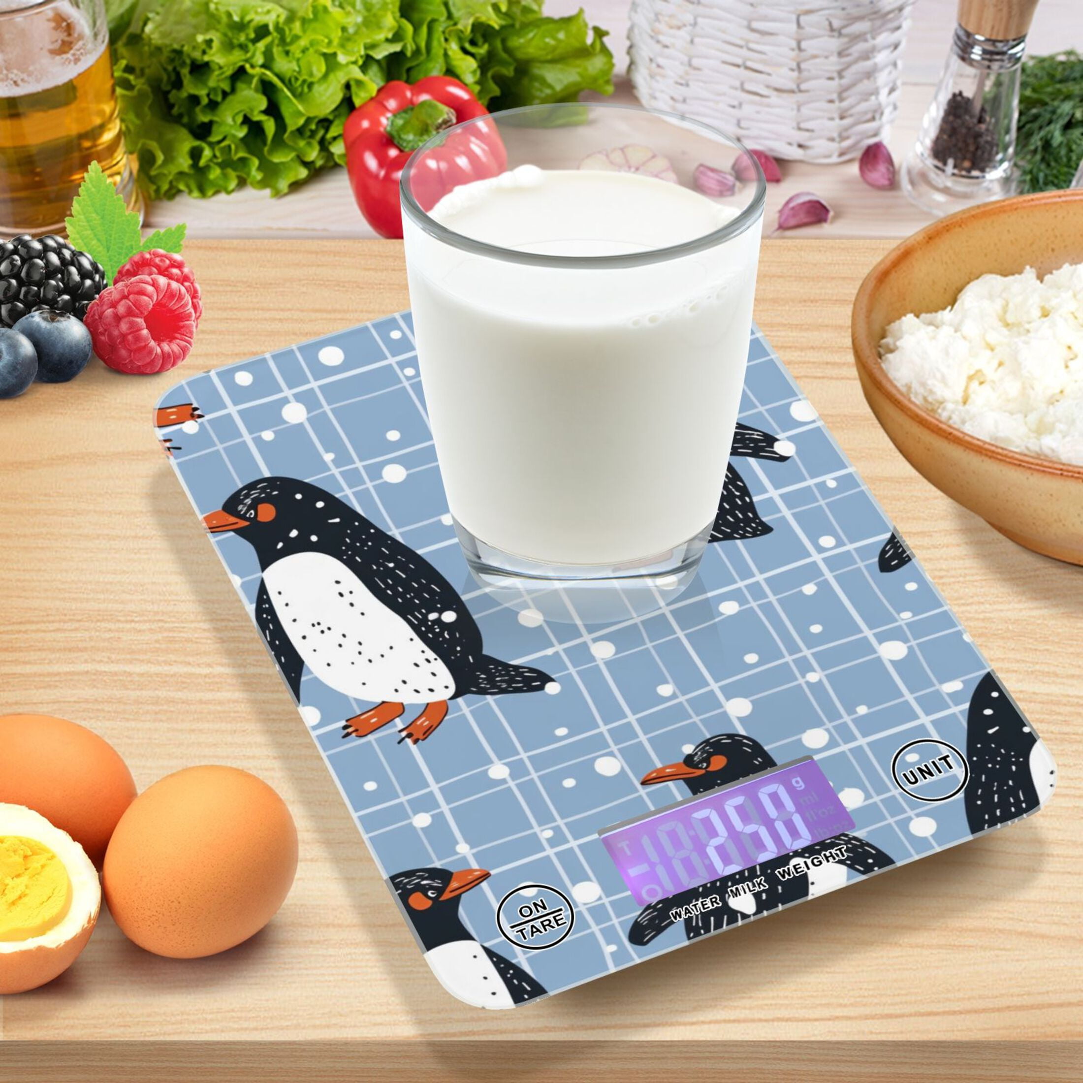 Penguins Grids Food Scale Digital Kitchen Scale Waterproof Tempered Glass Tare Function 11 lb for Baking Cooking Meal Prep