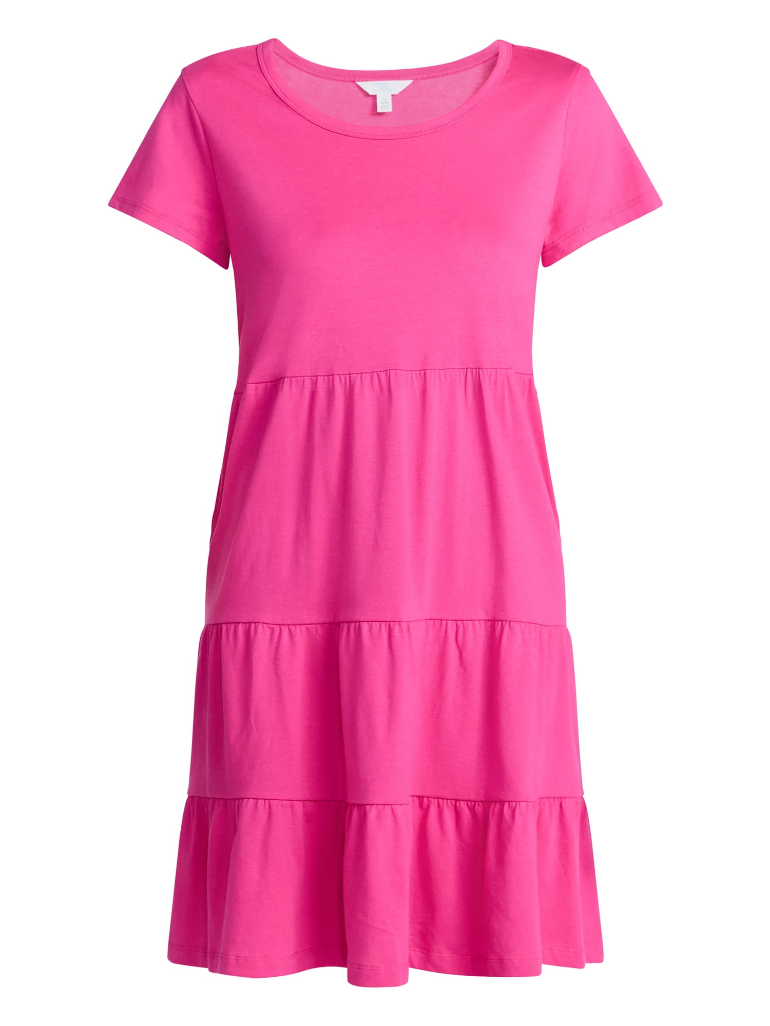 Time and Tru Women's Tiered Cotton Mini Dress with Short Sleeves, Sizes XS-XXXL