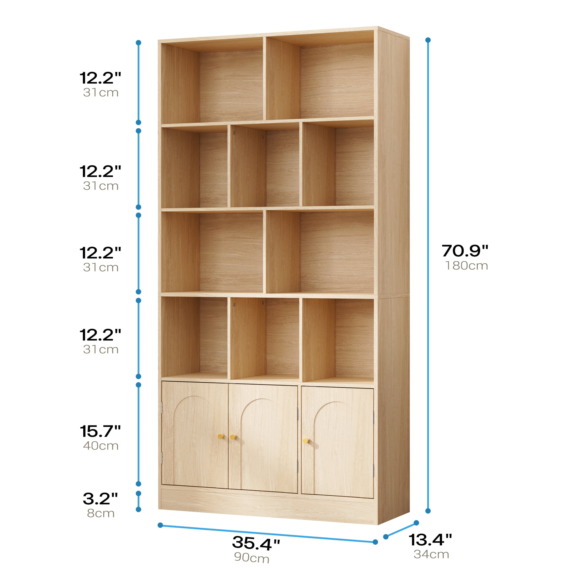 4-Tier Tall Bookshelf with 3 Doors, 71" Open Shelf Bookcase with 10 Cubes, Modern Cube Storage Organizer for Living Room, and Office, Oak