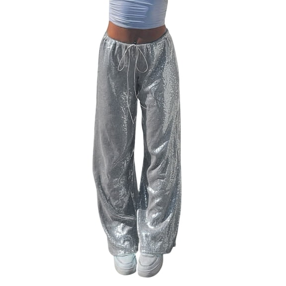Trendy Sequins Pants for Women Drawcord Adjustable Waist Wide Leg Sparkly Shiny Trouser Street Party Outfits (S, Gray)