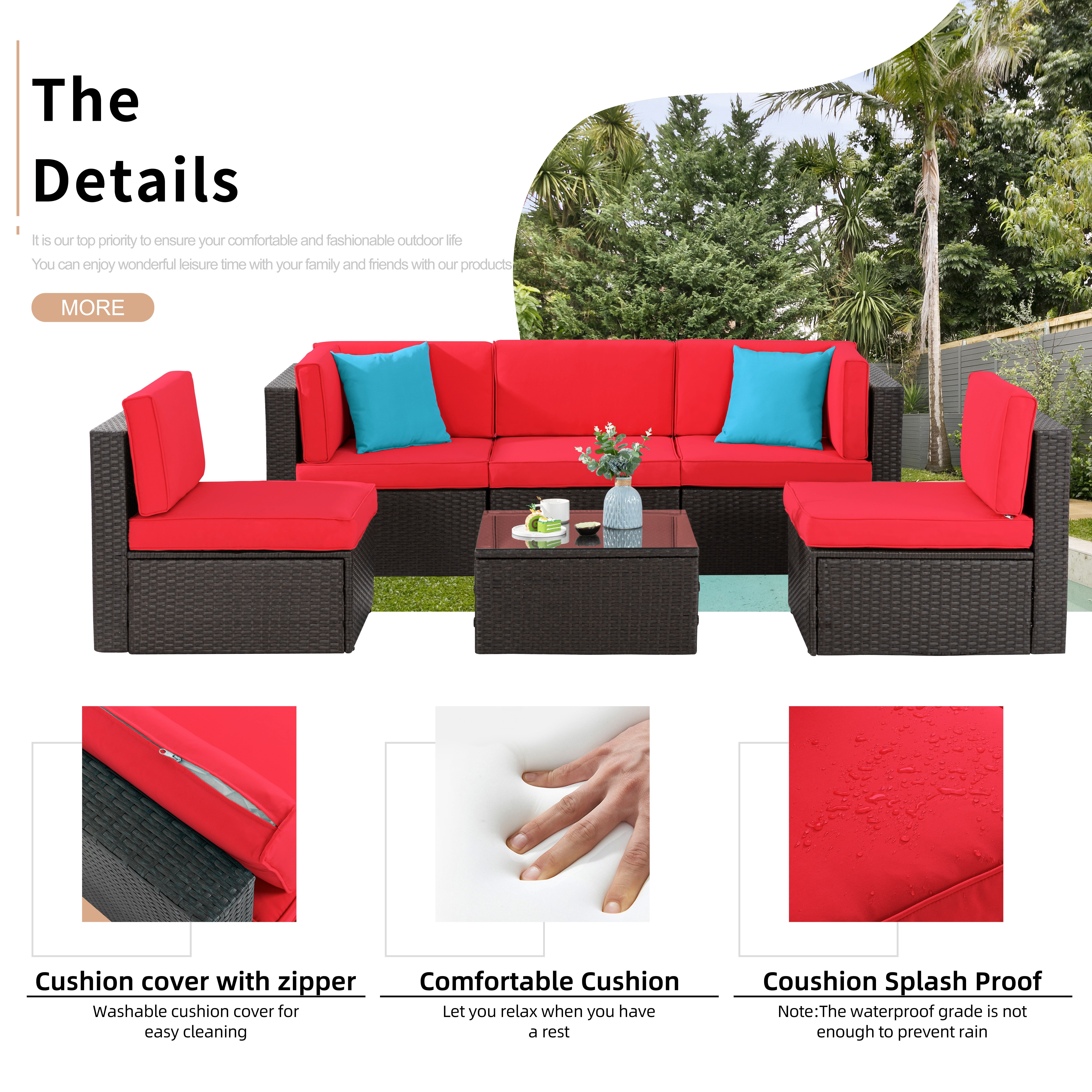 Patio Furniture Set, Walsunny 6 Piece All Weather Outdoor Sectional Sofa, Wicker Patio Conversation Set with Cushions and Tempered Glass Table for Backyard Porch, Red
