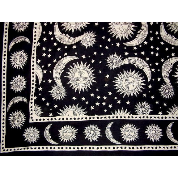 Celestial Print Tapestry Cotton Bedspread 108" x 88" Full-Queen Black