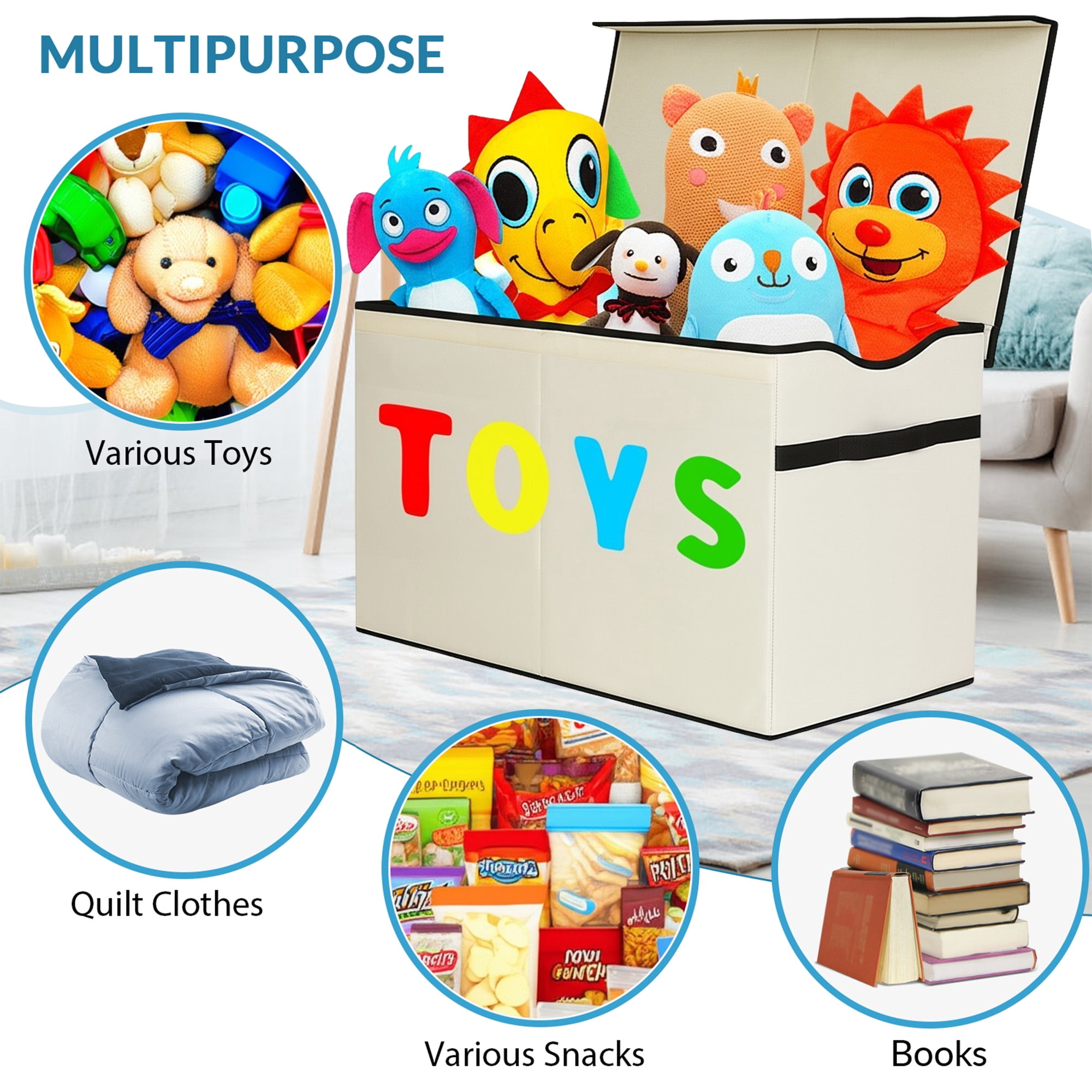VICTORICH Large Child Collapsible Toy Storage Fabric 32 gal Kids Room Toy Chests, with 1x Extra Large Toy Storage Box with Lid, Beige