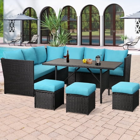 Danrelax 7 Pieces Patio Furniture Set Outdoor Sectional Sofa Conversation Set All Weather Black Rattan Couch Dining Table &Ottomans, Blue Cushions