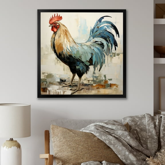 Designart "Wooden Rustic Rooster Peck IV" Animals Framed Wall Art Decor - Modern Red Chicken Entryway Framed Wall Art