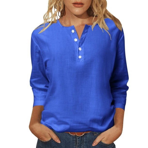 Camiseta informal holgada de cuello redondo y manga 3/4 para mujer - Top largo de color liso, blusa de algodón transpirable, tallas S-XXL